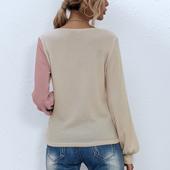 Cream Rust Waffle Knit Color Block Top Minimalist - Picture 2 of 6